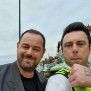 Actor Danny Dyer in Westcliff yesterday with resident Mark Garwood
