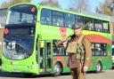 Eye-popping - First Essex's Remembrance bus with actor Jim Williams. Photo by Richard Keil.