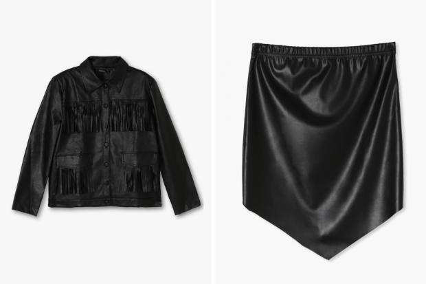Thurrock Gazette: (Left) Fringe Faux Leather Jacket and (right) Pointed Hem PU Mini Skirt in black (Boohoo/Canva)