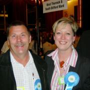 SMILES BEFORE THE STORM: Gareth Davies and Thurrock prospective parliamentary Conservative candidate Jackie Doyle-Price looked in confident mood before the poll result.